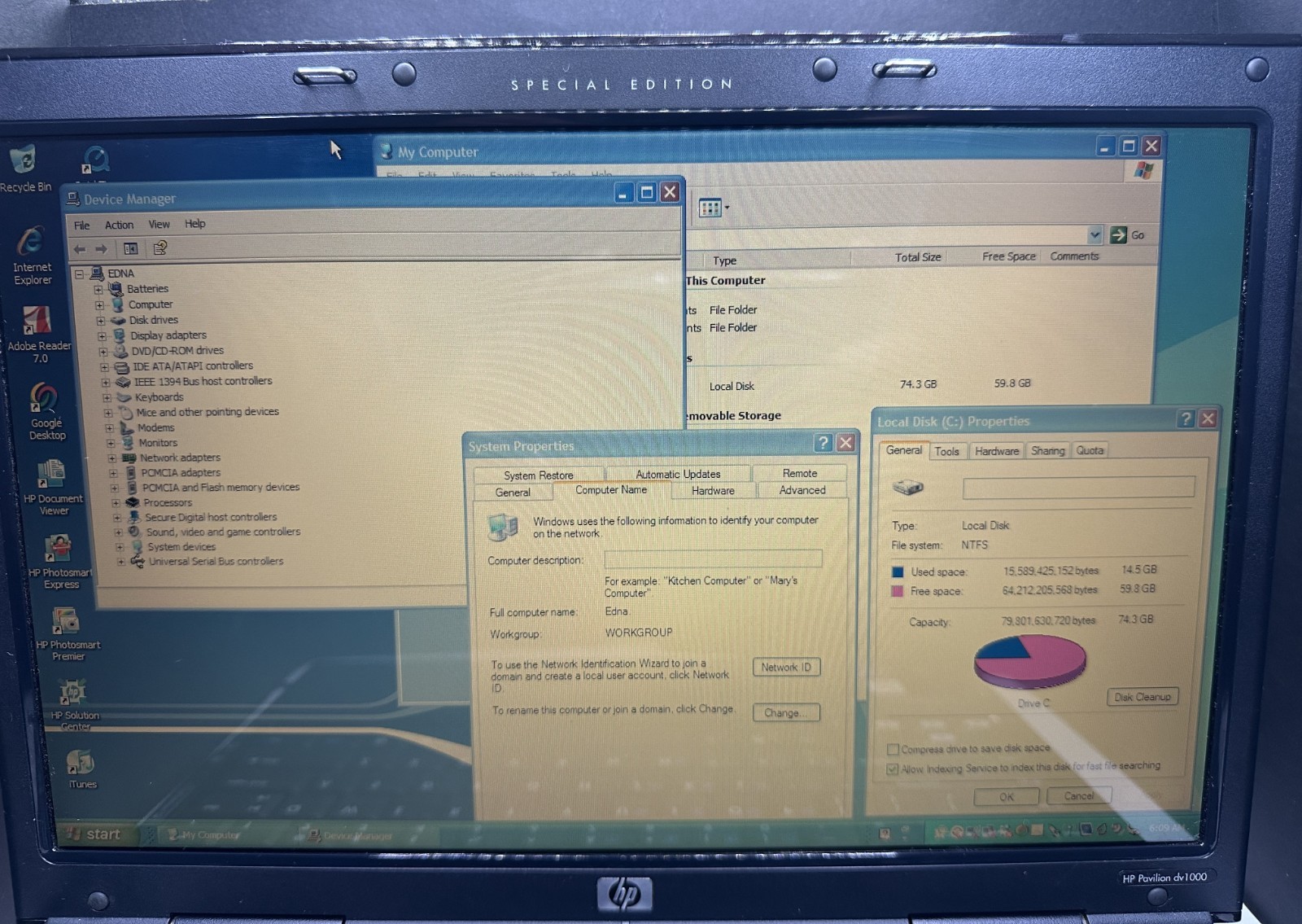 HP PAVILION SPECIAL EDITION DV1000 WIN XP LAPTOP, 80GB, 504MB, STRICTLY AS-IS