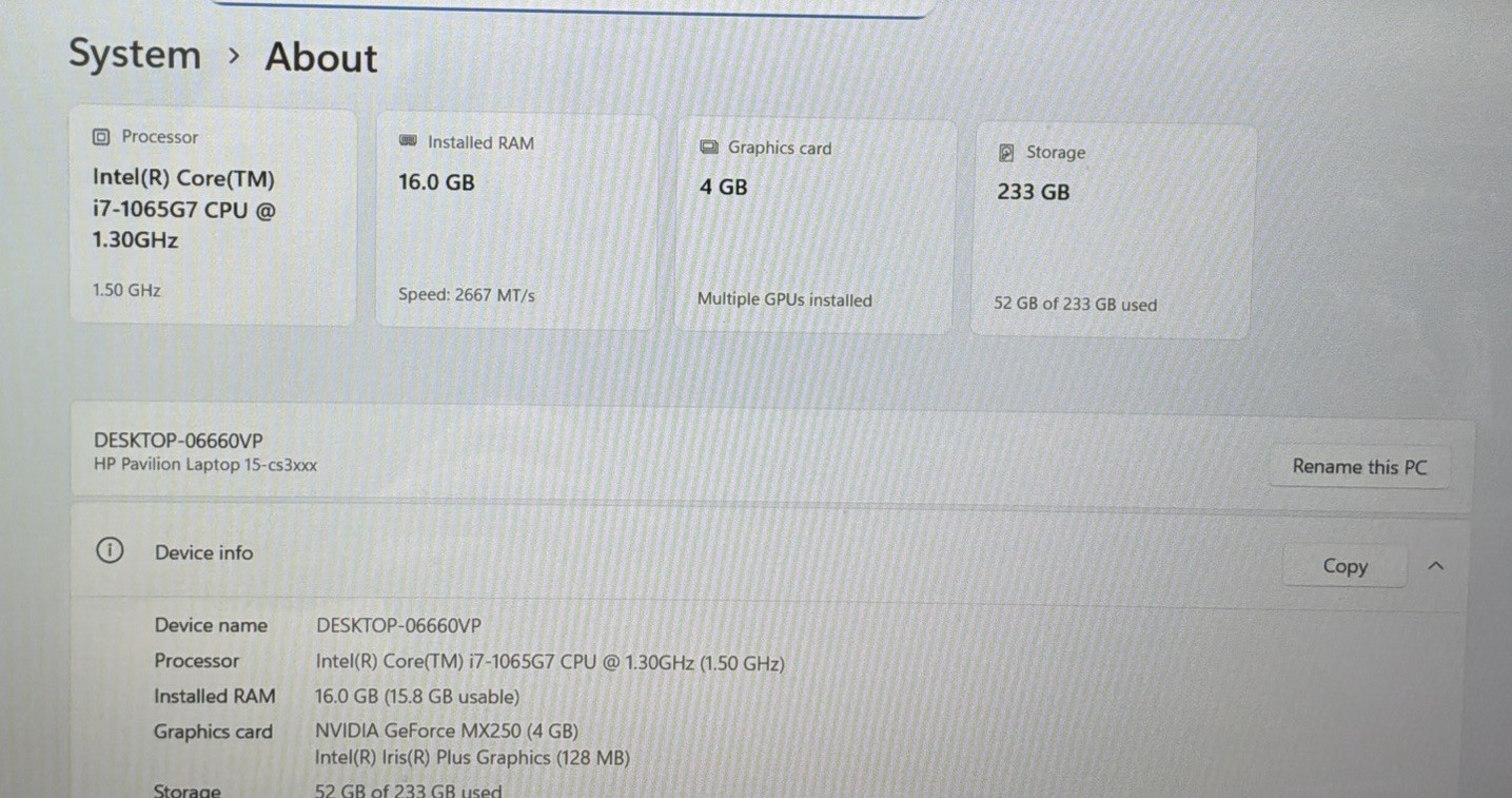 HP PAVILION 15-cs TOUCHSCREEN i7-1065G7 16GB RAM 256GB SSD NVIDIA MX250 WIN 11