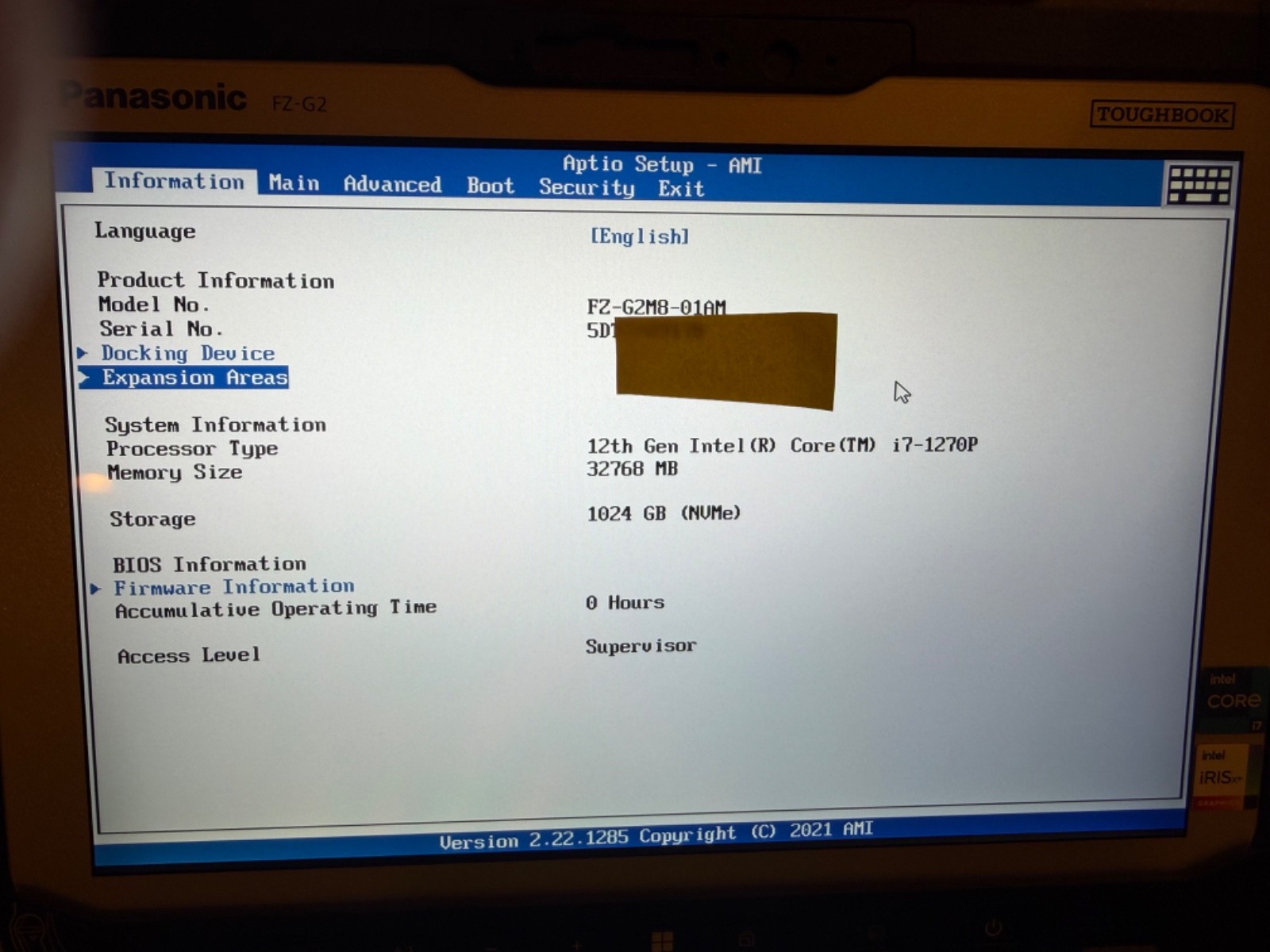 Panasonic Toughbook FZ-G2 MK2 i7-1270p 1TB SSD 32GB RAM DGPS Keyboard 0 Hours