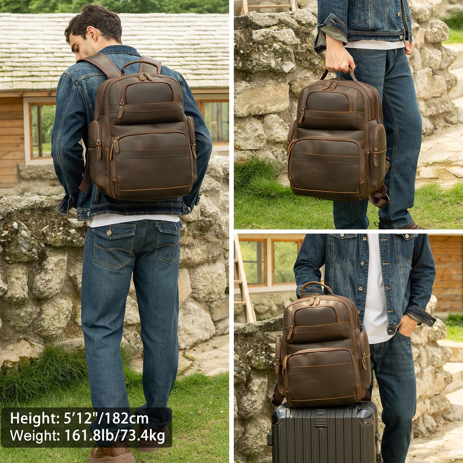 TIDING Full Grain Leather Backpack Men Laptop Bag 15.6″ Business Travel Hiking