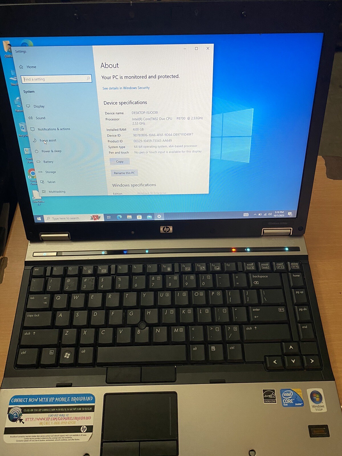 HP EliteBook 6930p Intel Core 2 Duo P8600 2.4GHz 4GB RAM No HDD 14.1″ Notebook