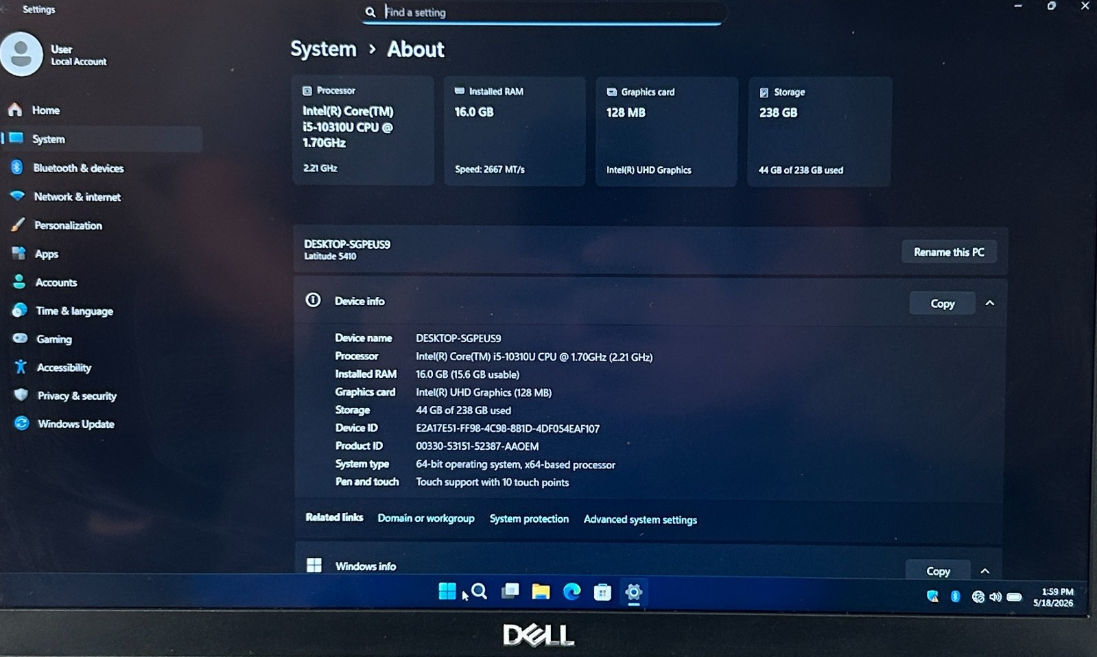 Dell Latitude 5410 14″ FHD Touch |i5-10310U 1.7GHz |256GB NVMe| 16GB RAM |W11P