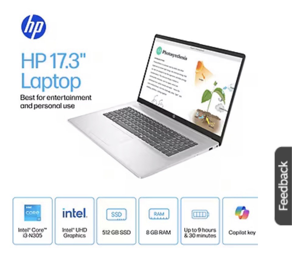 NEW!HP 17.3″ FHD Laptop, Intel Core i3-N305, 8GB RAM, 512GB SSD, Windows 11 Home
