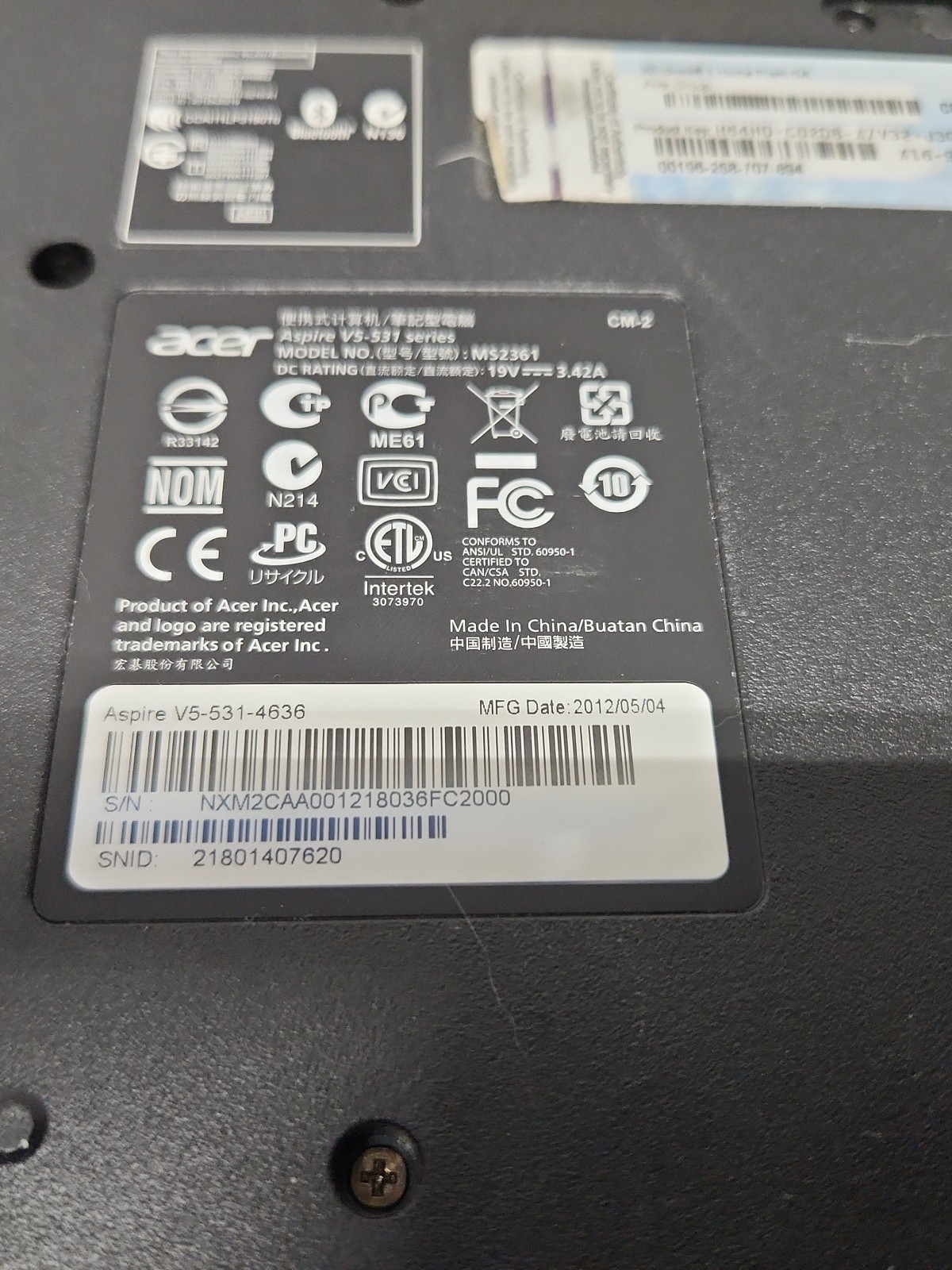 Acer Aspire V5-531 MS2361 15.6″ Laptop Intel Processor No HDD Parts Or Repair