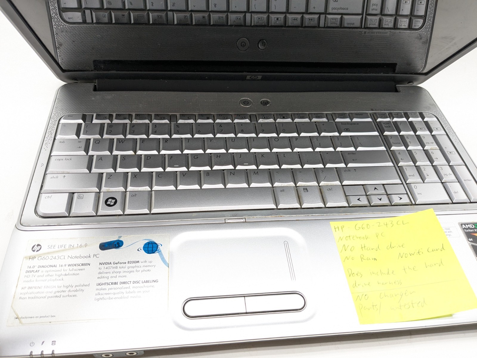 HP g60-243cl Notebook Pc Laptop SILVER For Parts 16″ Diagonal