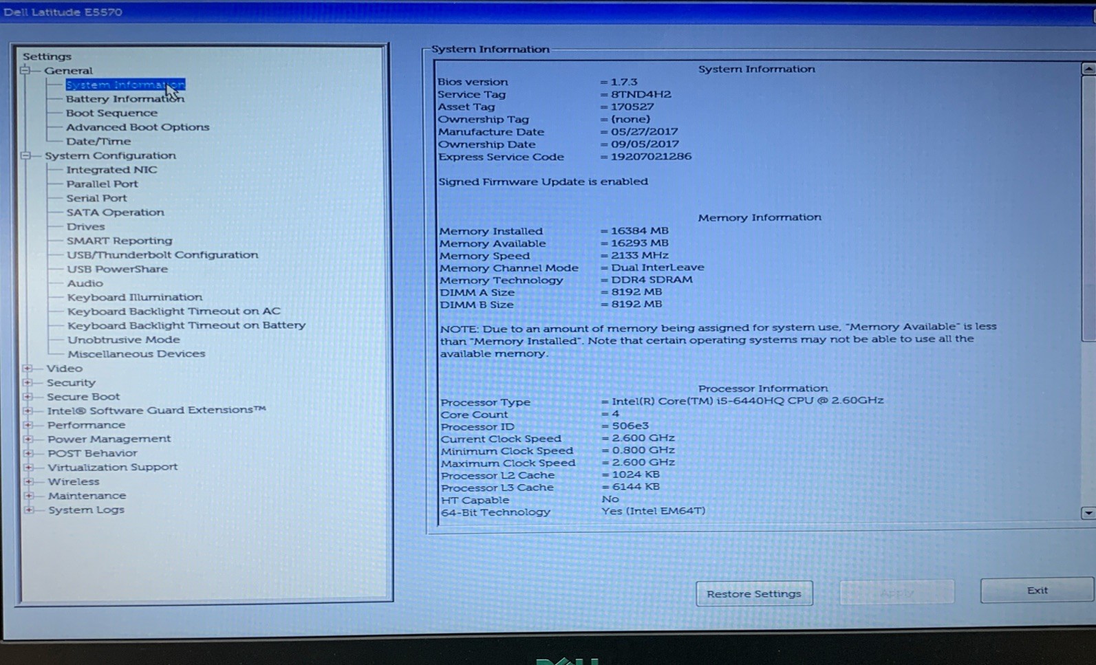 Dell Latitude E5570 i5-6440HQ@2.6GHz, 16GB RAM, No SSD, No OS