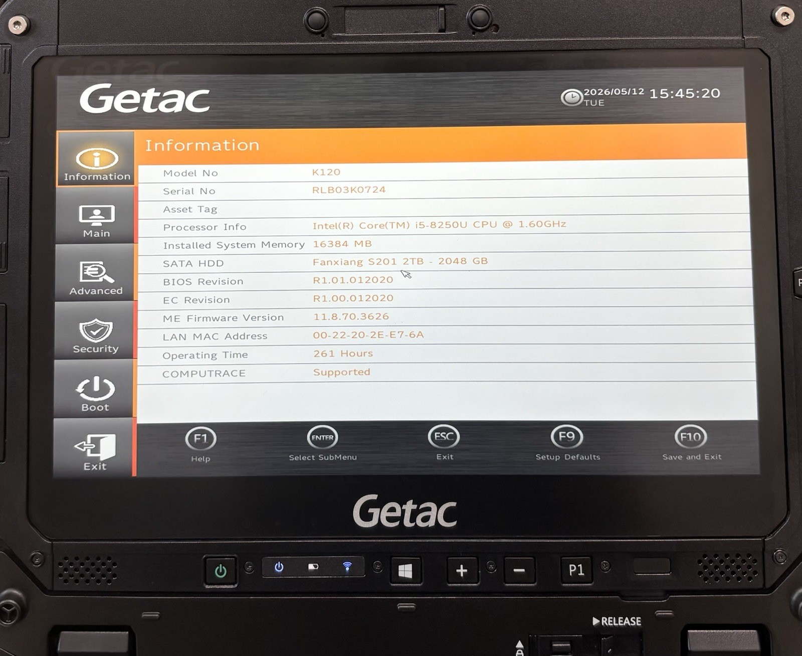 Getac K120 Rugged Toughbook Touch i5-8250U 1.60Ghz 16GB 2TB SSD Win 11 pro 261Hr