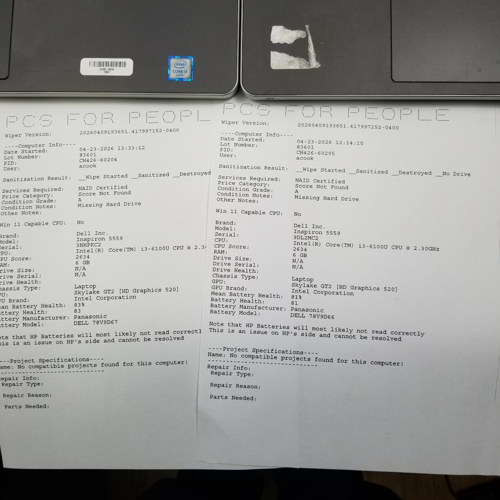 Lot of 5 Dell Inspiron Intel 6th – 8th Laptops Mixed Specs – 5566 / 5559 / 5570