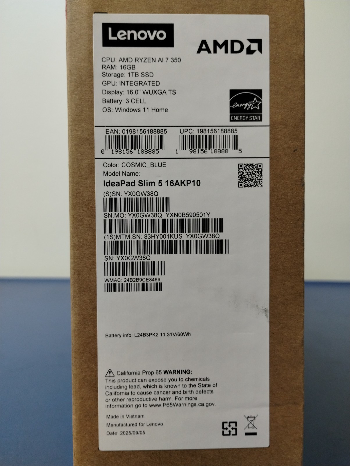 Lenovo IdeaPad Slim 5 16AKP10, AMD Ryzen AI 7 350, 2.00 GHz, 16 GB RAM 1 TB NVMe