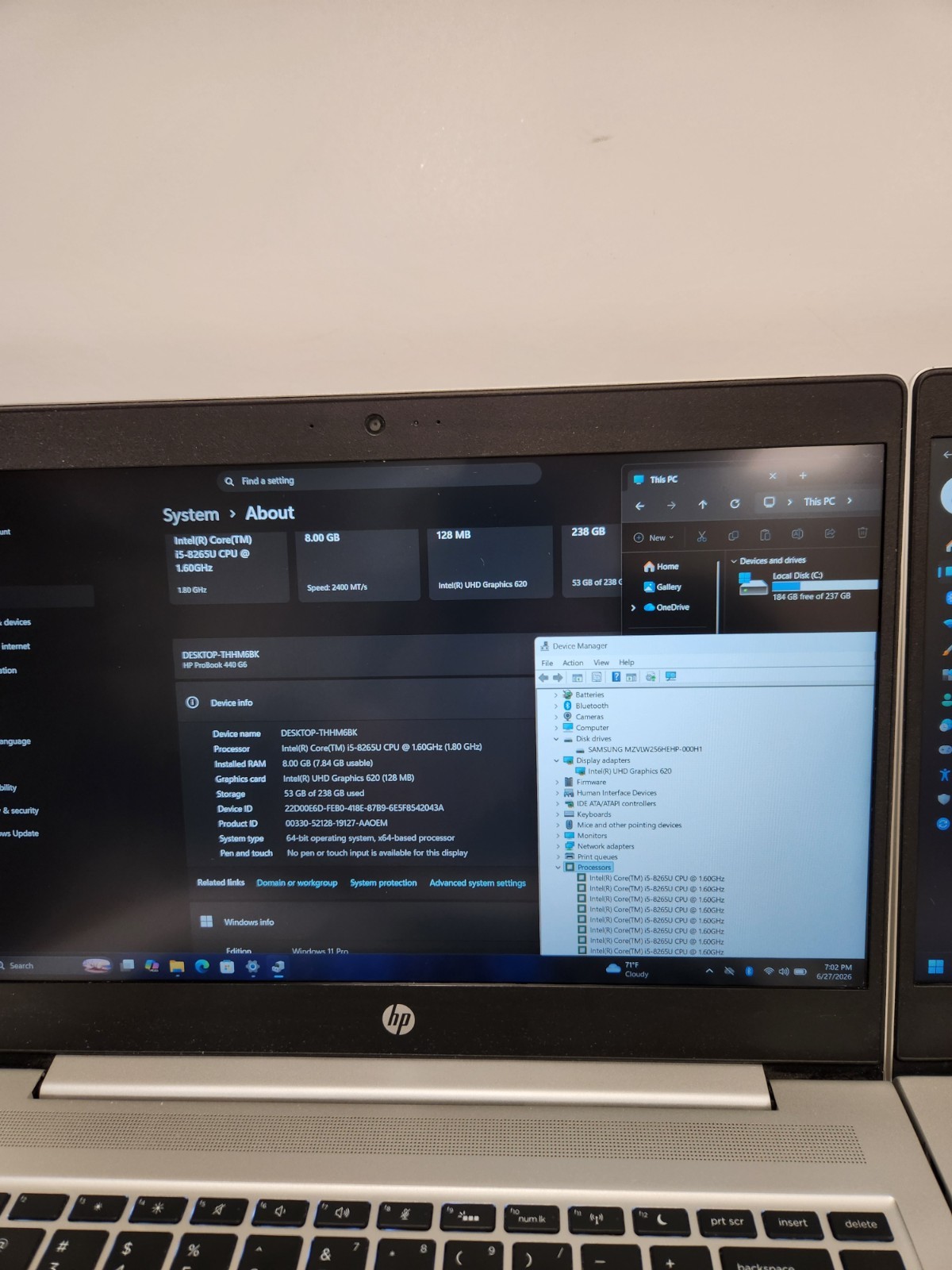 Lot of 2 HP ProBook 440 G6 Core i5-8265U, 8GB RAM, 256GB NVME, Win11 PRO #0514