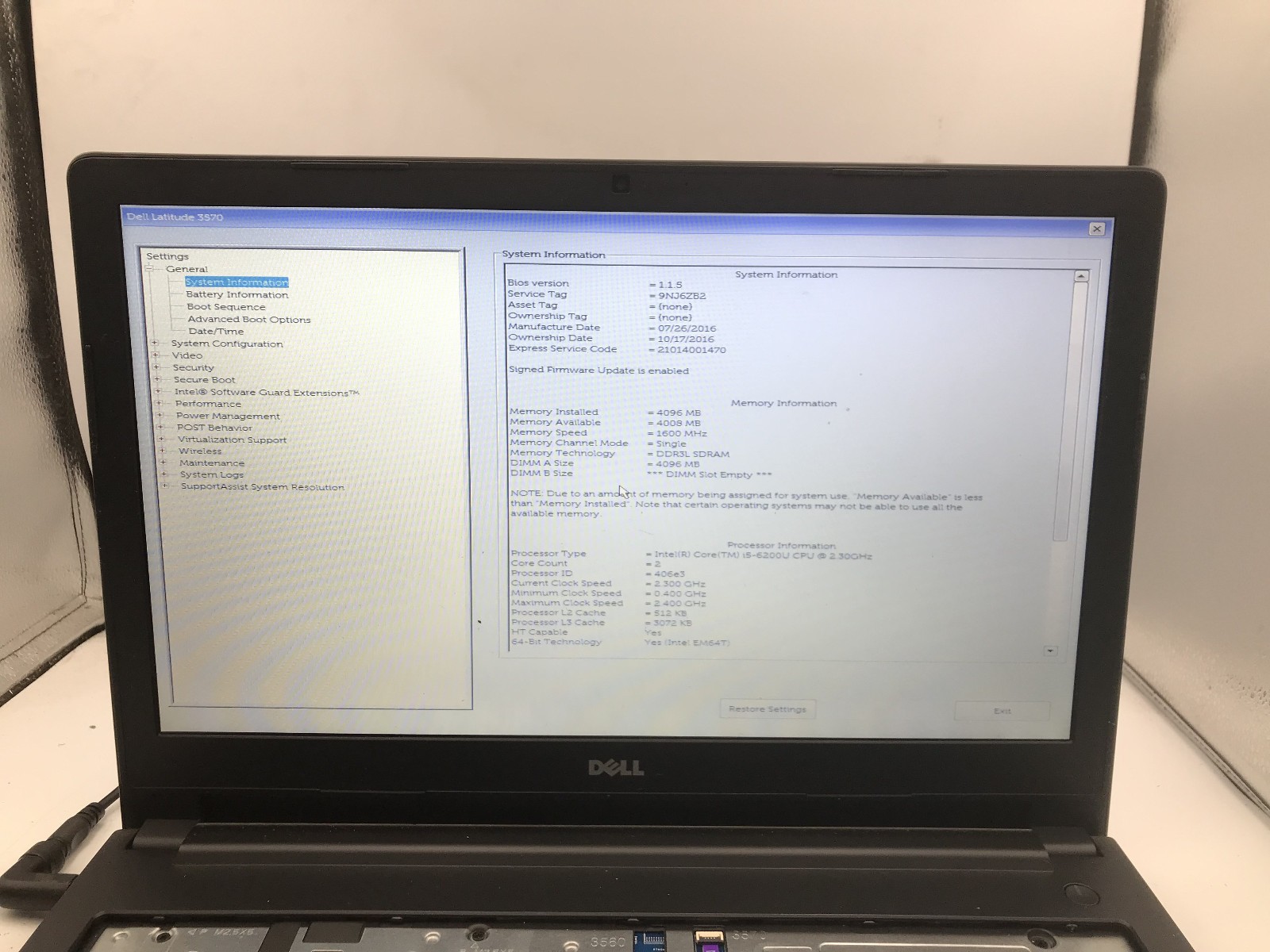 DELL LATITUDE 3570 – BOOTS TO BIOS – INTEL I5 6200U – NO RAM – READ DESCRIP – BB