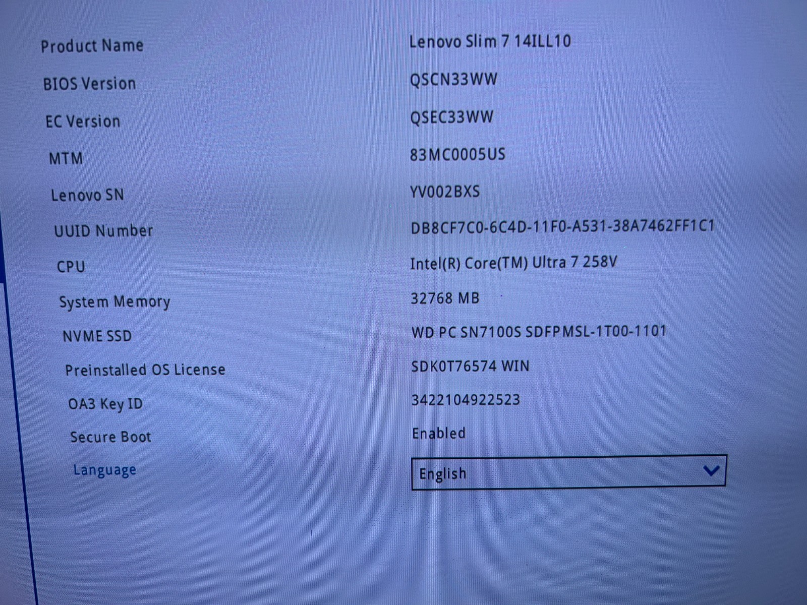 Lenovo Slim 7 14ILL10, Intel Core Ultra 7 258V, 2.20 GHz, 32 GB RAM, 1 TB NVMe