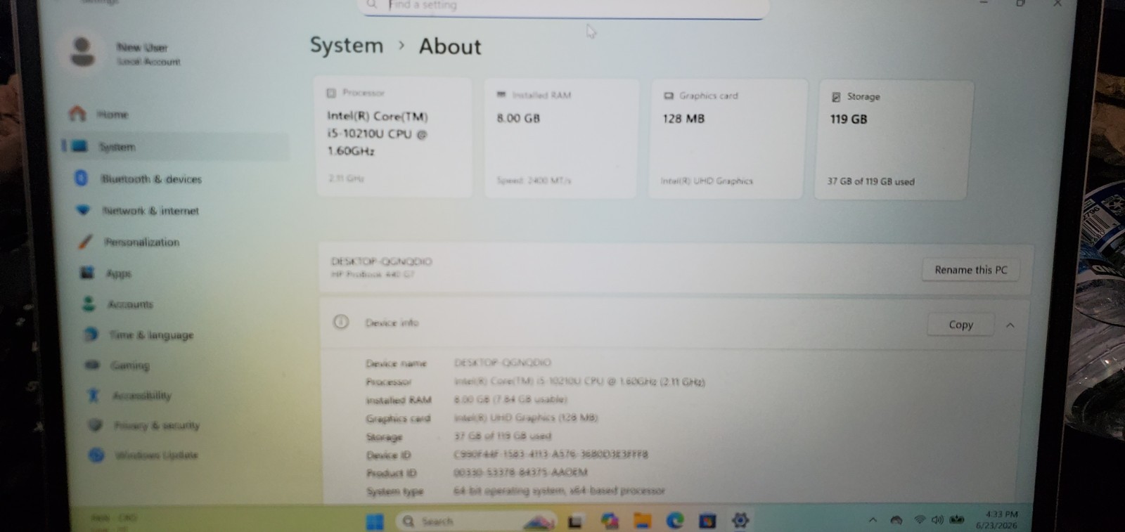 HP ProBook 440 G7 Laptop Intel Core i5-10th Gen 8GB RAM 128GB SSD KB incensensit