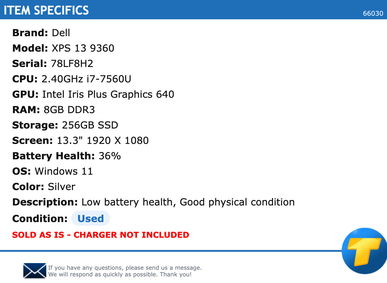 Dell XPS 13 9360 – 13.3″ FHD, 2.40GHz i7, 8GB RAM, 256GB SSD, Windows 11