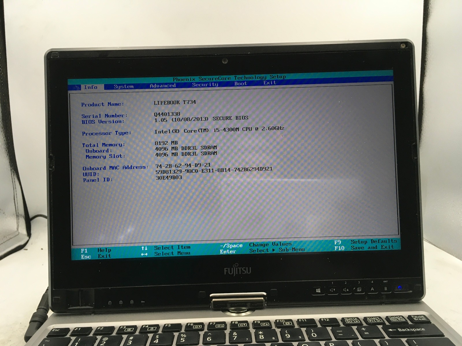 FUJITSU LIFE T734 – BOOTS TO BIOS – INTEL I5 4300U – 8GB RAM – NO OS – READ – BB