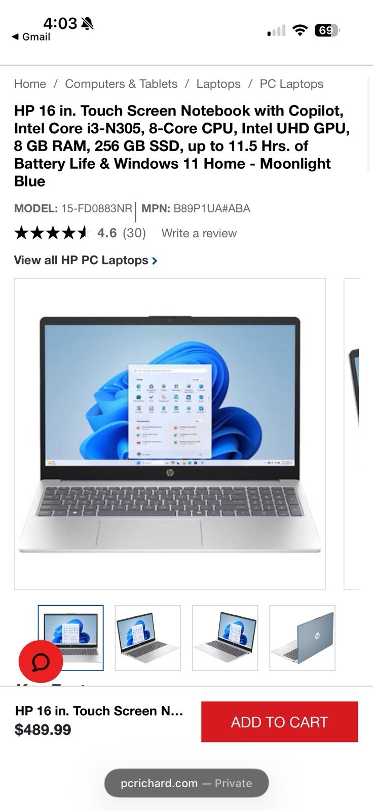HP 16″ Touchscreen Notebook Intel Core i3-N305 8GB RAM 256GB SSD Moonlight Blue