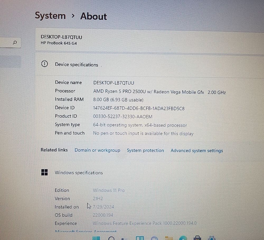HP Probook 645G4 AMD Ryzen 5 PRO 2500U w/Radeon Vega Gfx 8GB 256GB SSD Win 11