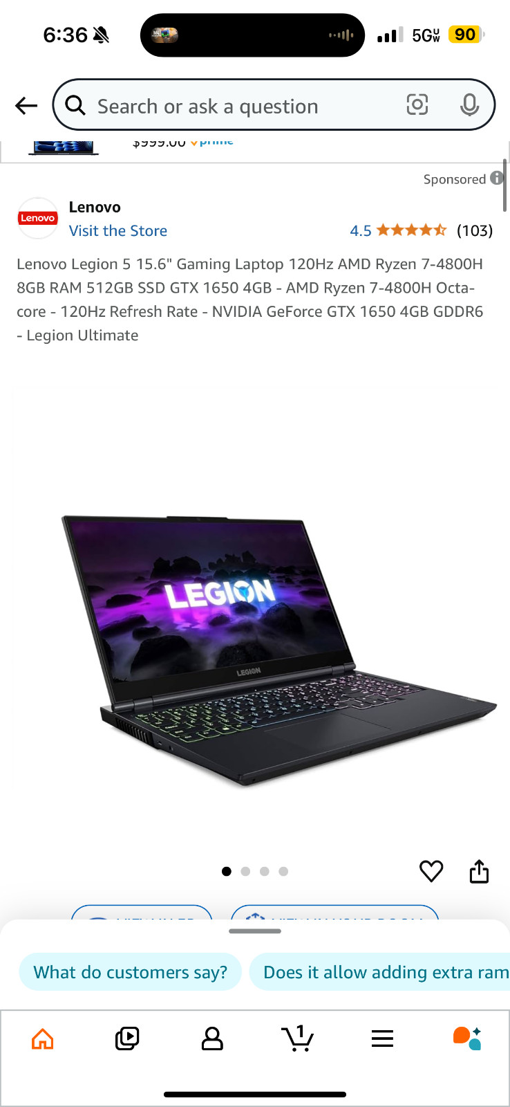Lenovo Legion 5 15ARH05 15.6″ 120Hz (AMD Ryzen 5 4600H, 512GB SSD, 8GB RAM,…
