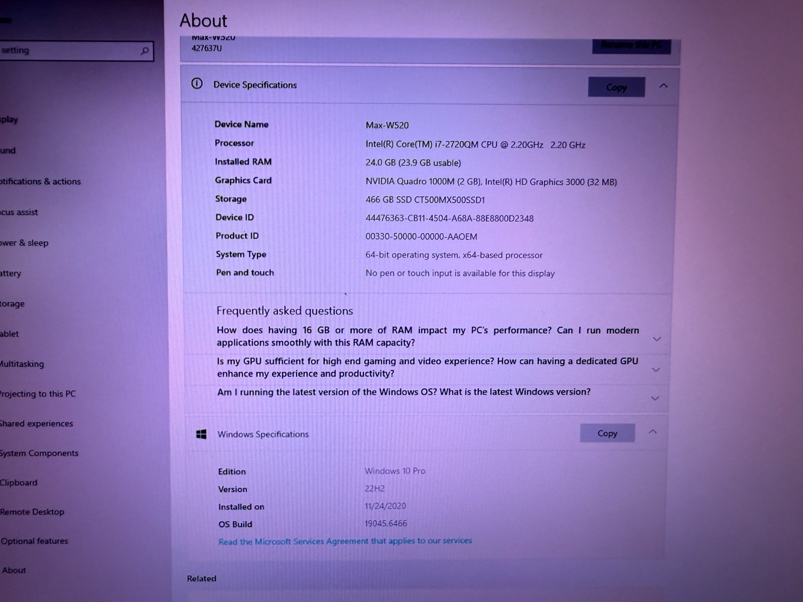Lenovo ThinkPad W520 15.6 Laptop i7 – 2720QM 24GB RAM Quadro 2GB 466GB SSD 64bit