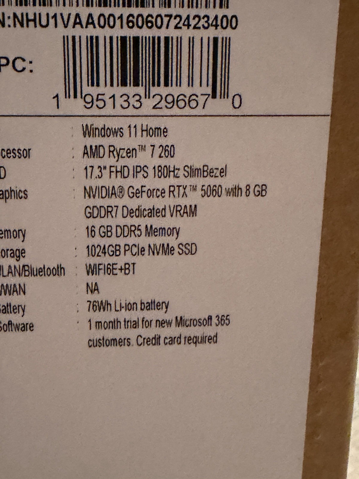 Acer Nitro V 17 AI 17.3” 180Hz Gaming Laptop Ryzen 7 260 RTX 5060 16GB 1TB
