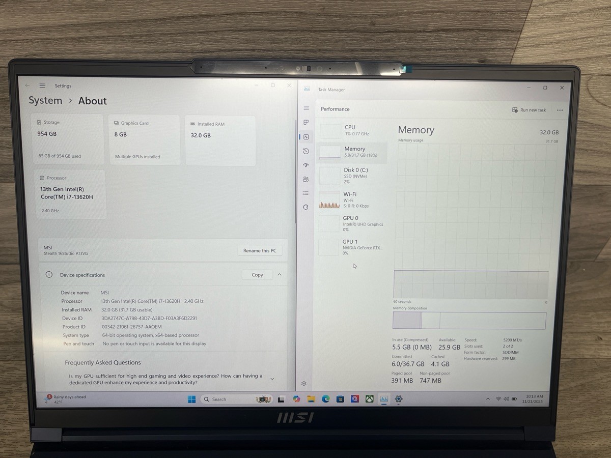 MSI Stealth 16 Studio A13V – Intel i7-13620H – RTX 4070 – 16GB RAM – (A1D027544)