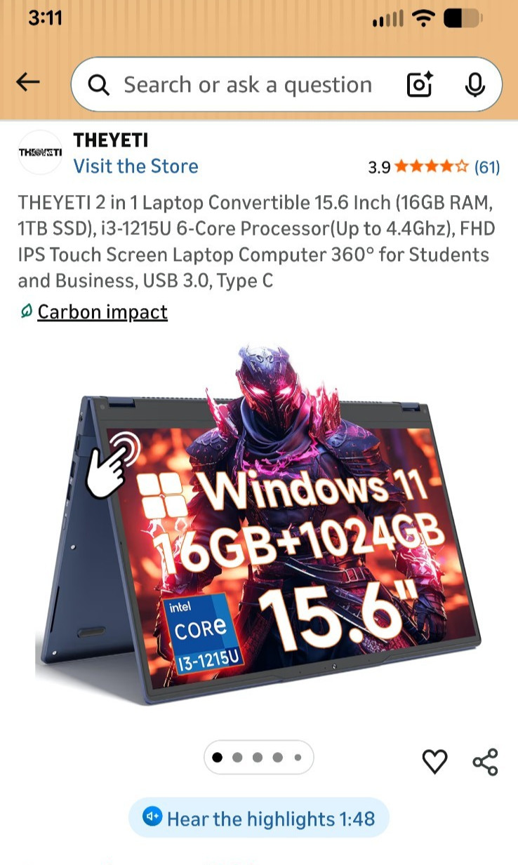 THEYETI 15.6″ 2-in-1 Touchscreen Laptop Intel i3-1215U 16GB 1TB SSD Windows 11