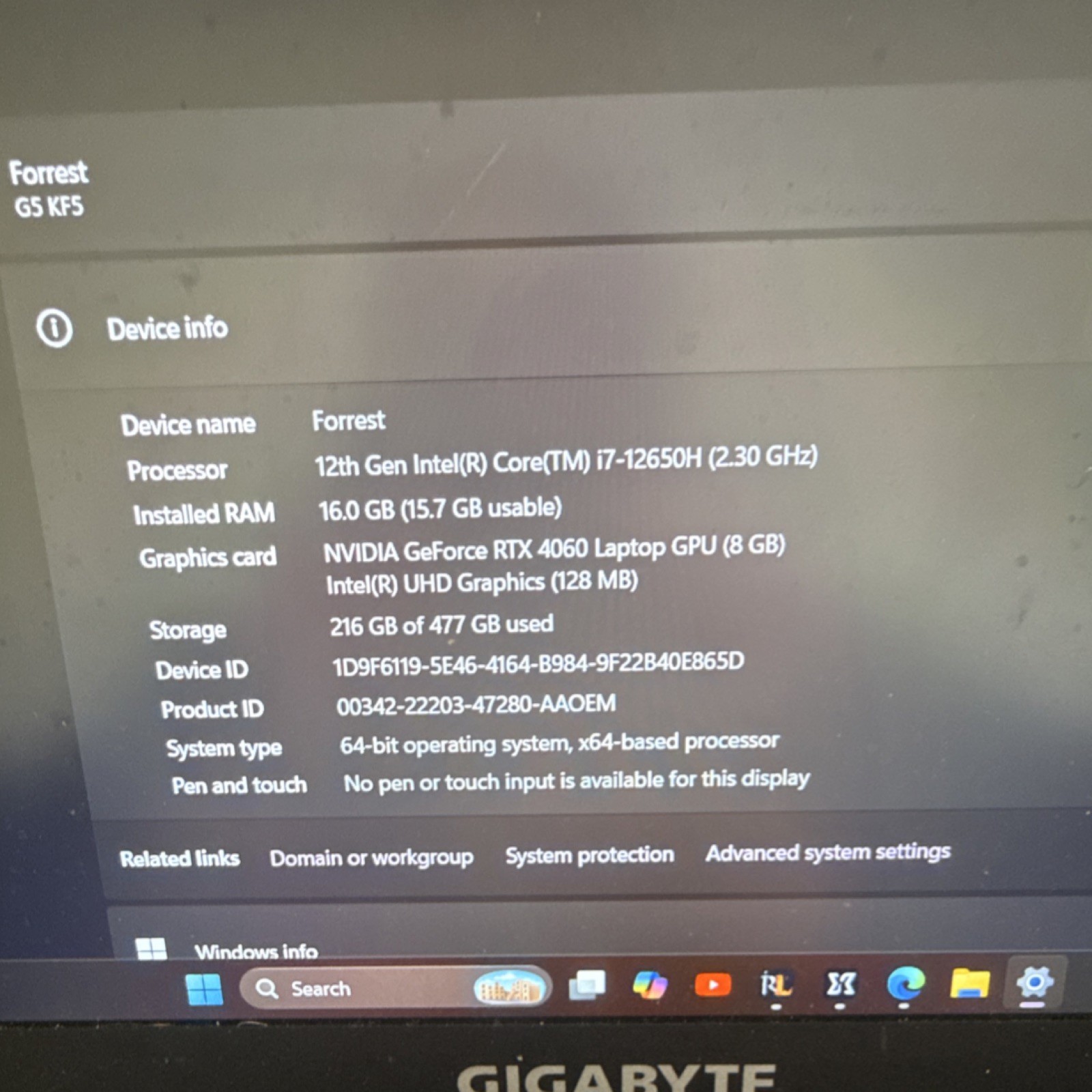 GIGABYTE G5 KF5 15.6in Gaming Laptop i7-12650H 16GB RTX 4060 477GB SSD
