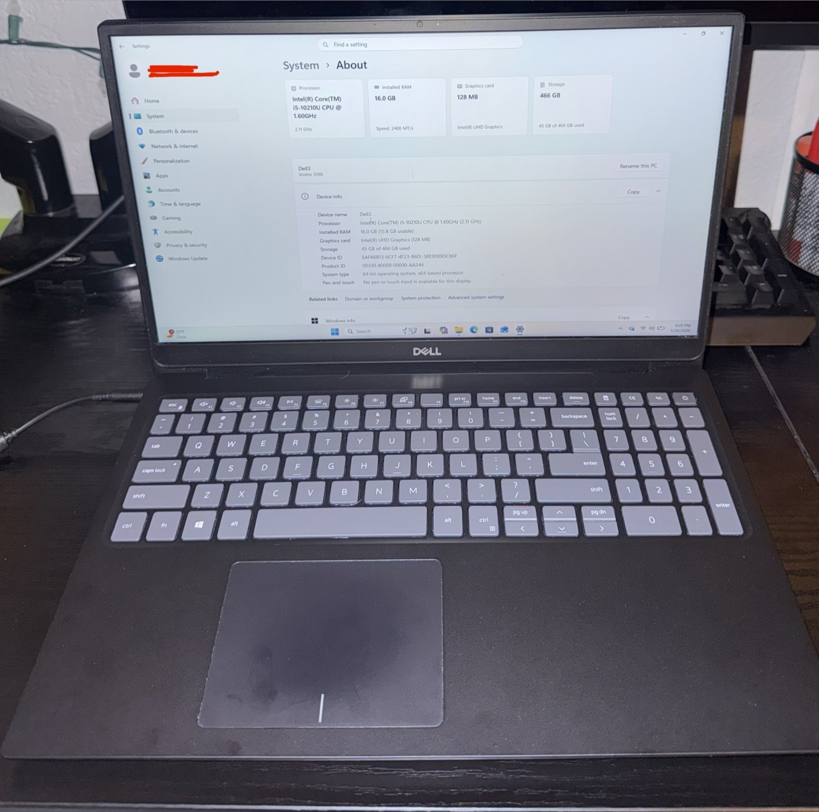 Dell Vostro 5590 15.6” Laptop, I5-10210U, 16GB Ram, 500GB SSD