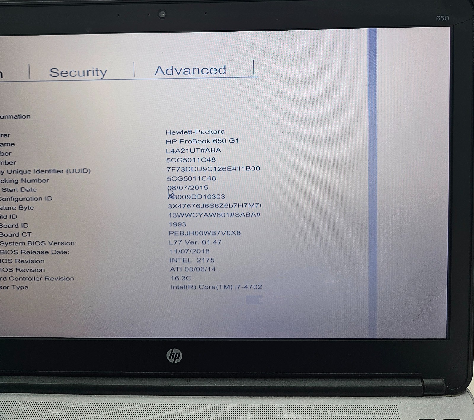 HP ProBook 650 G1 15.6″ Laptop intel Core i7-4702MQ 4GB Ram NO HD/OS (FL)