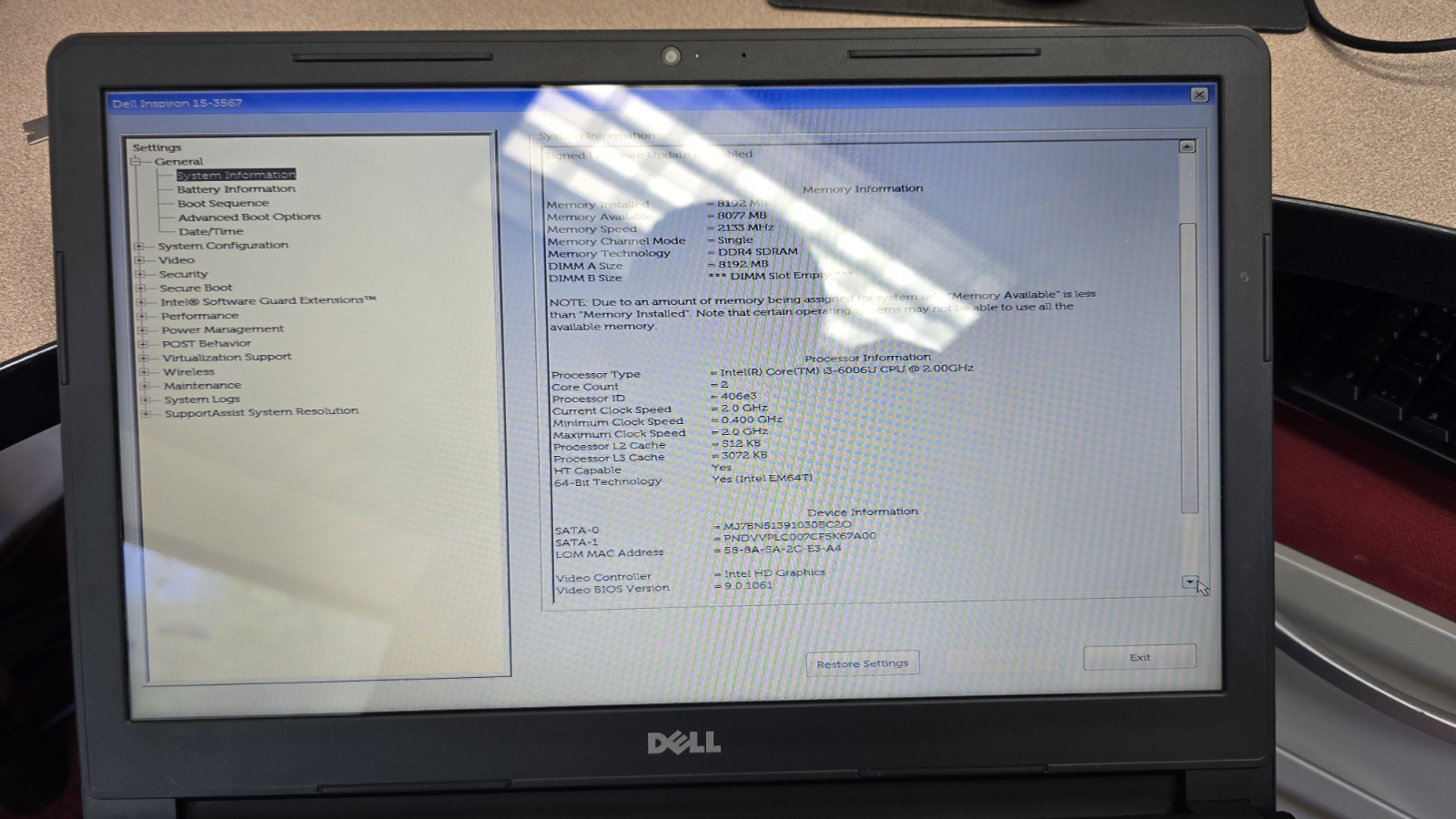 Dell Inspiron 15-3567 – i3-6006U 2.0Ghz – 8GB RAM – 120gb – Win10