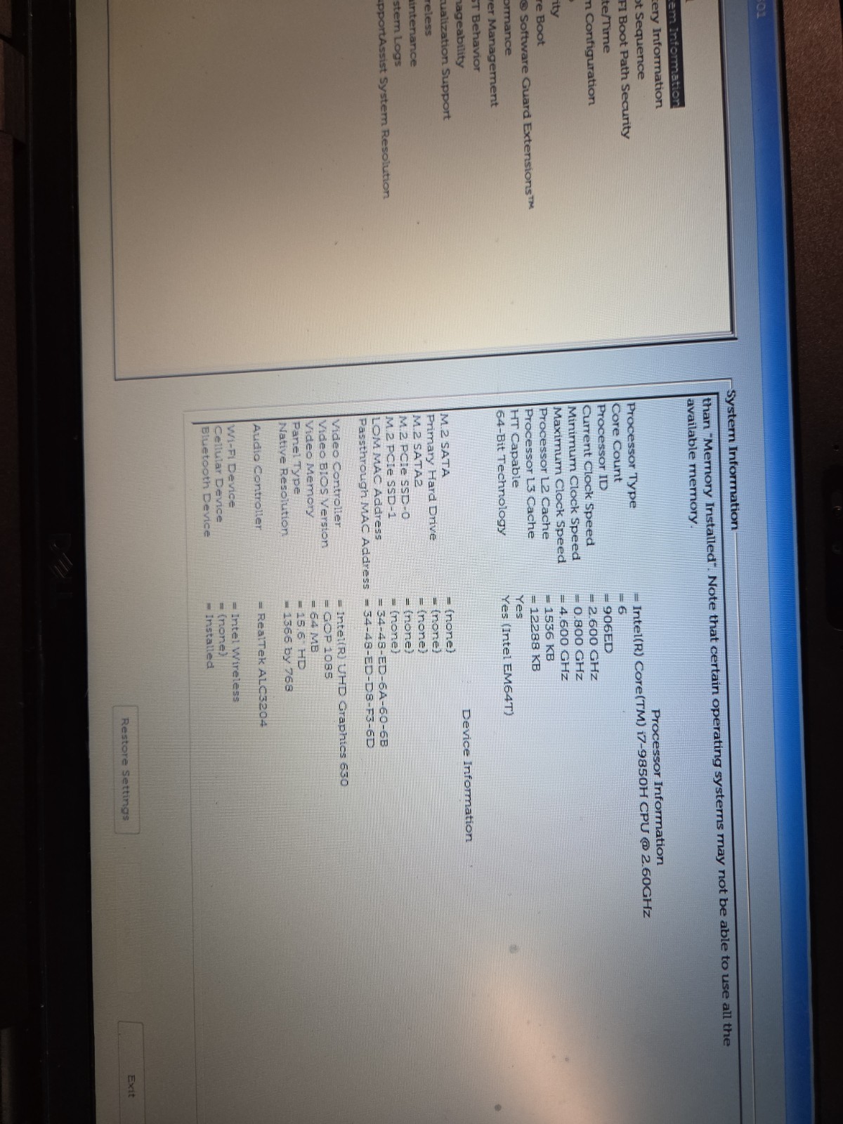 Dell Latitude 5501 15.6″ FullHD i7-9850h 8GB, No Hd. Lot X2