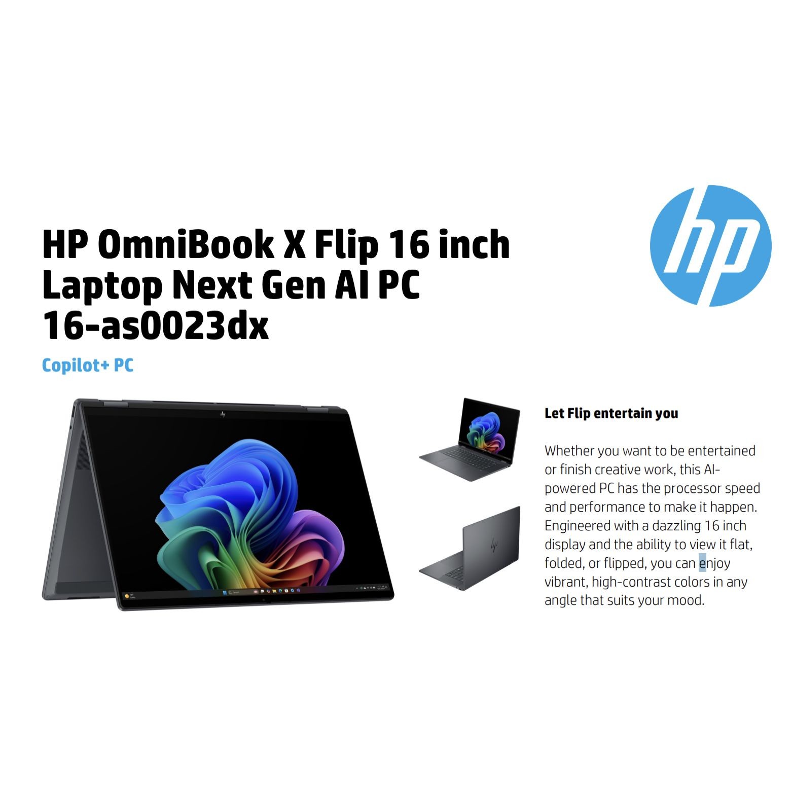 HP OmniBook X Flip 16″ WUXGA Touch Intel Ultra 7-256V 2.20GHz 16GB 1TB SSD W11H