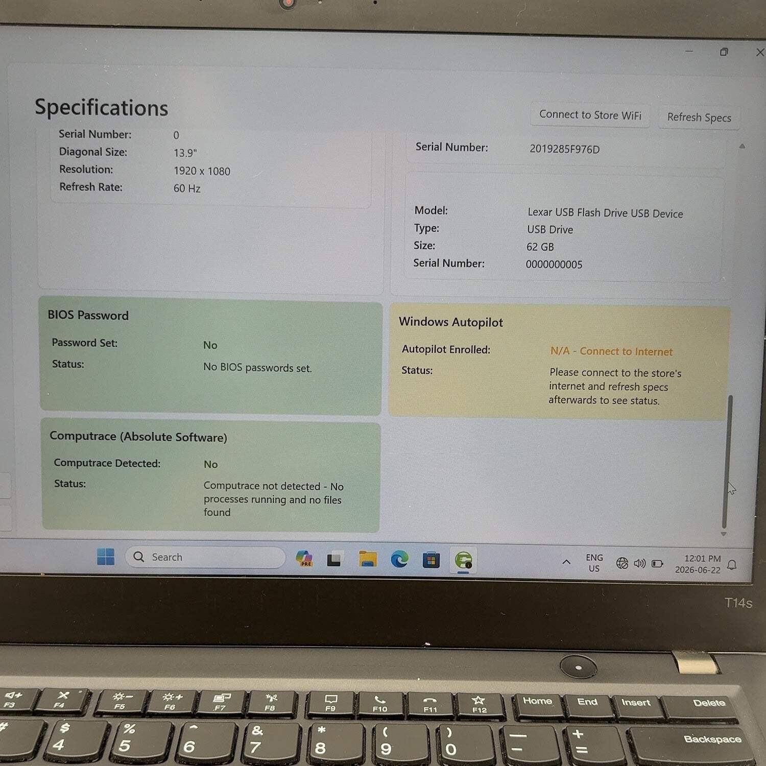 Lenovo ThinkPad T14 Gen 1 20T0CTO1WW 14″ i5-10210U 1.6GHz 16GB RAM 500GB SSD