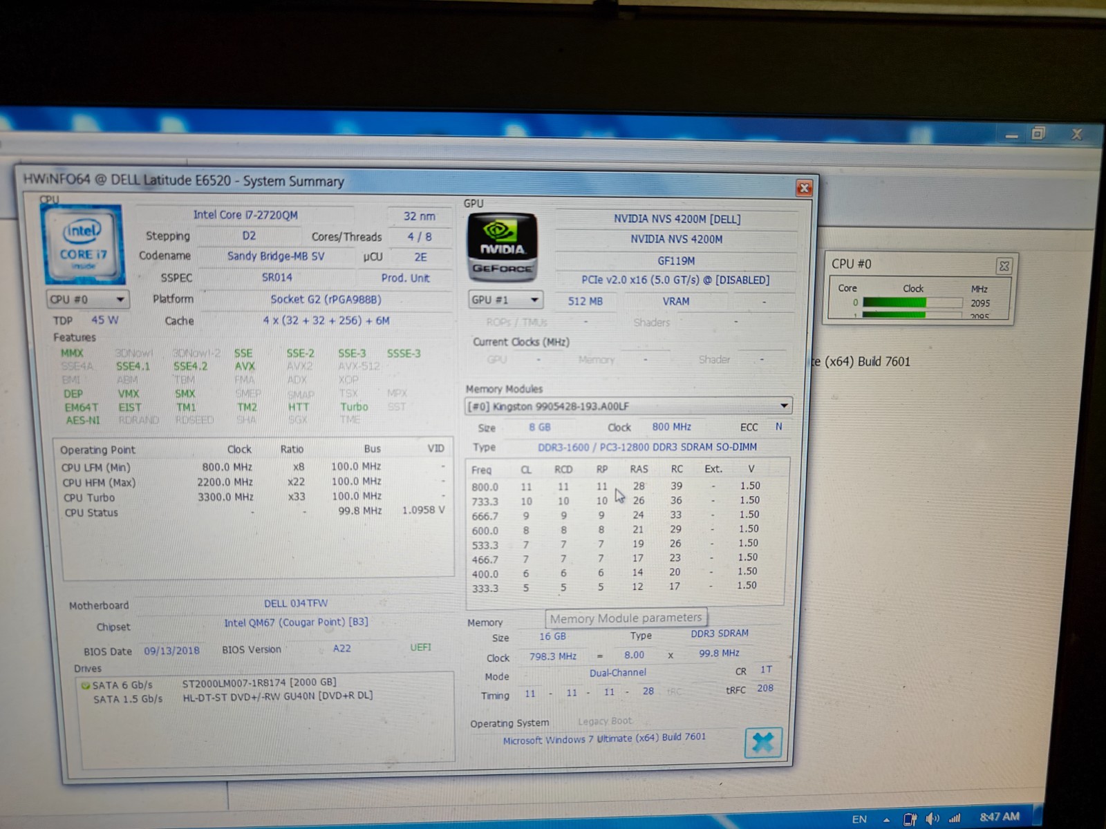 Dell Latitude E6520 2TB HDD, Intel CPU 2720QM., 3.30GHz, 16GB RAM