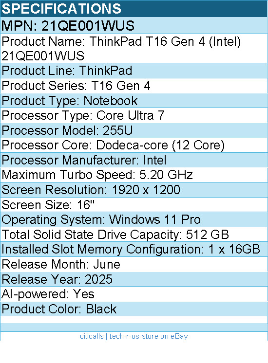 Lenovo 21QE001WUS ThinkPad T16 Gen 4 16″ Notebook – Intel Core Ultra 7