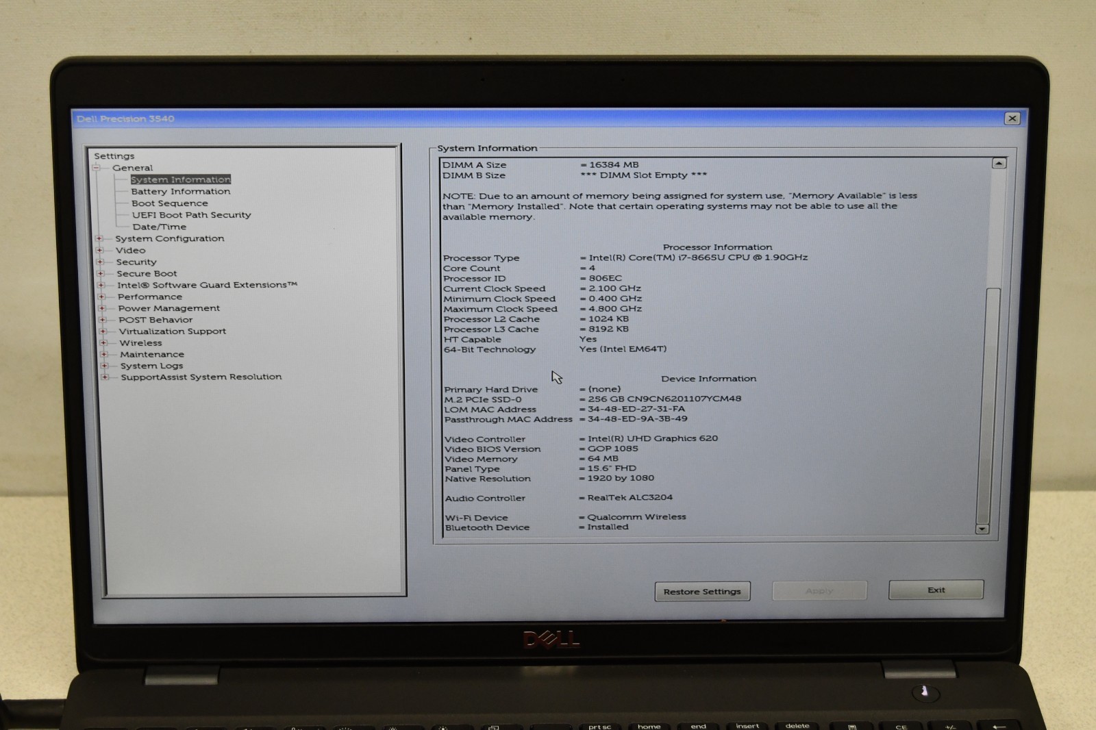^ Dell Precision 3540 15.6″ FHD i7-8665U 1.9GHz 16GB Ram 256GB SSD W11 #X7270