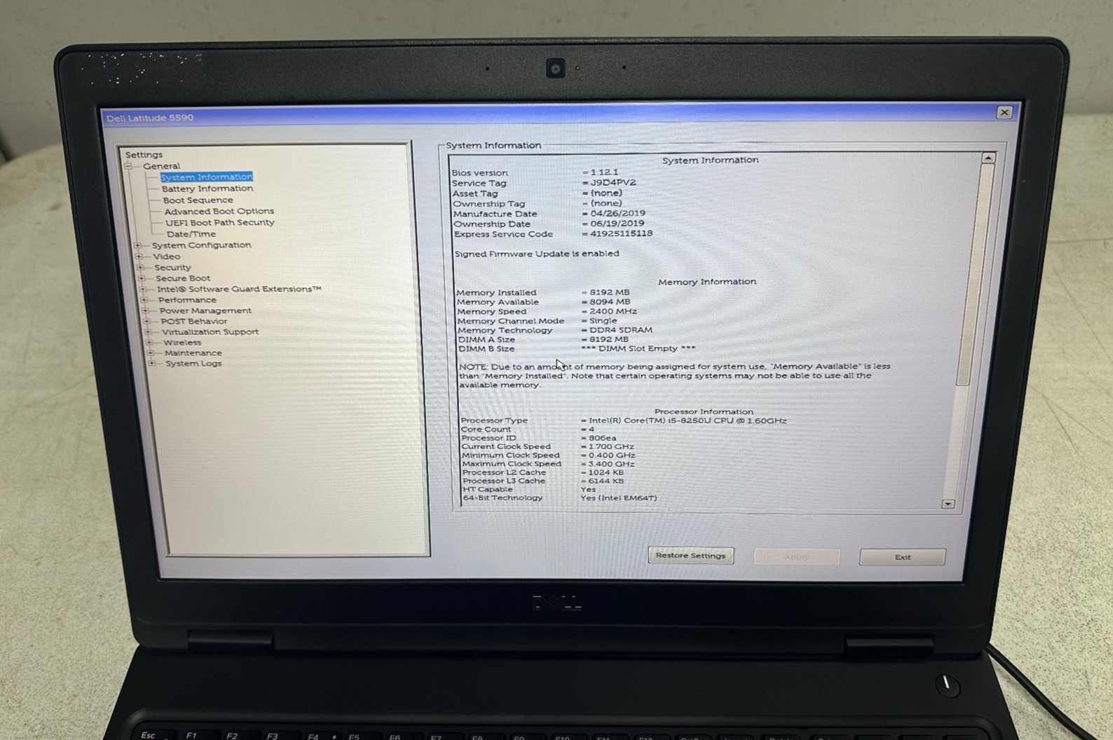 Dell Latitude 5590 15.6 FHD (i5-8250U @1.60, 8GB RAM, Boot To Bio) NO HD/ADAPTER