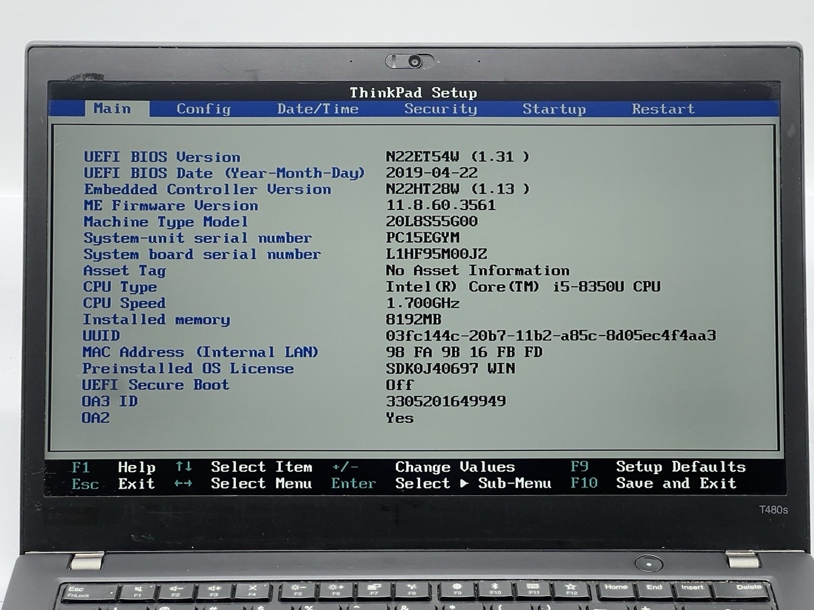 Lenovo ThinkPad T480s, i5-8350U CPU, @ 1.70GHz, 8GB RAM-No HDD/OS/Charger