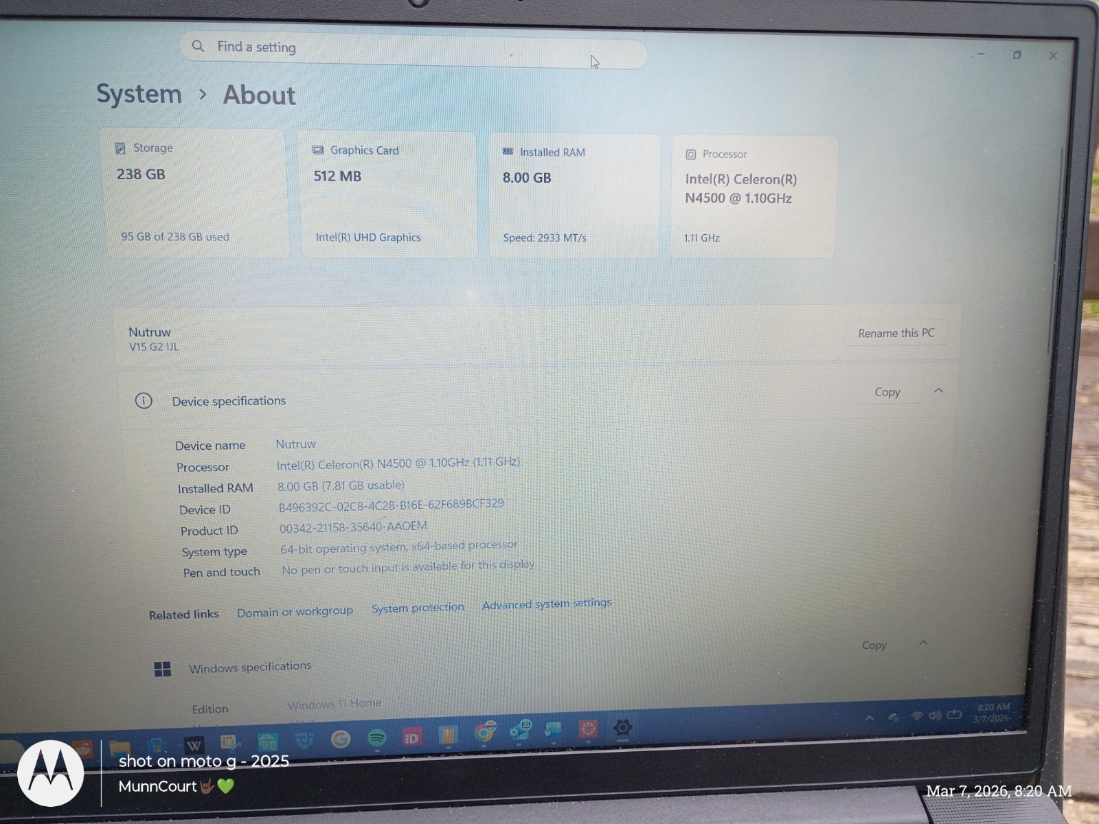 Lenovo V15 G2 IJL 15.6″ Full HD Laptop, N4500, 8GB RAM, 256GB SSD, W11H, Black