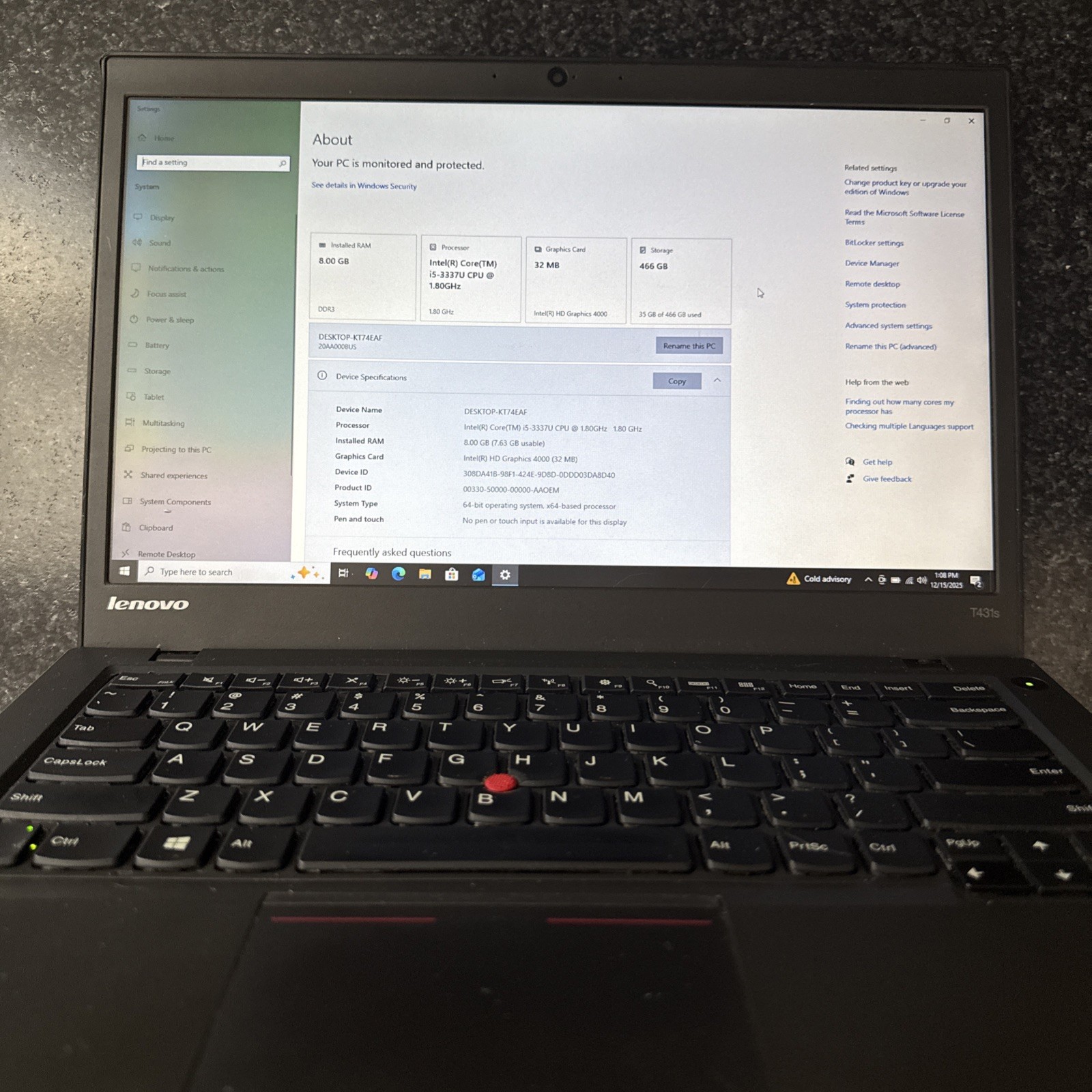 Lenovo ThinkPad T431s 14″ HD+ i5-3337U @ 1.8Ghz 8GB RAM 500GB HDD Windows 10 Pro