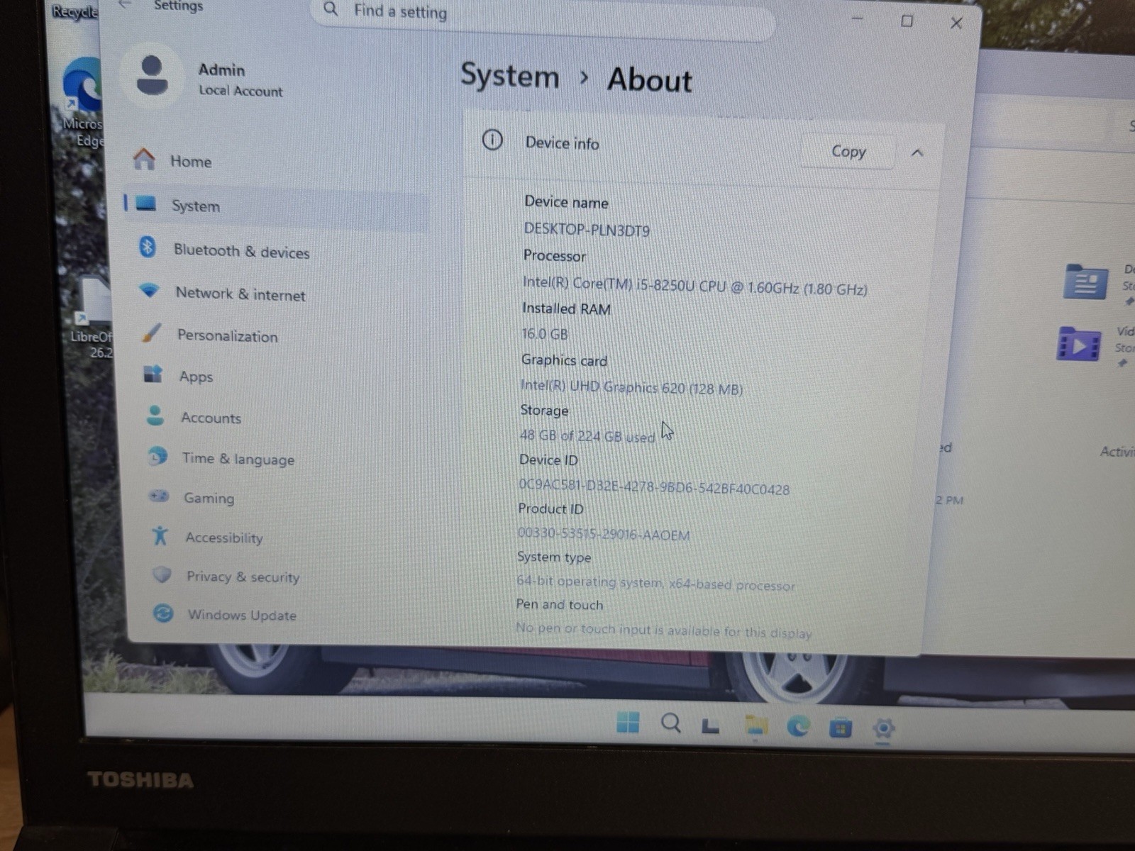 Toshiba Tecra C50-E Intel i5-8250U 16GB RAM 250GB SSD Win 11 Pro + LibreOffice