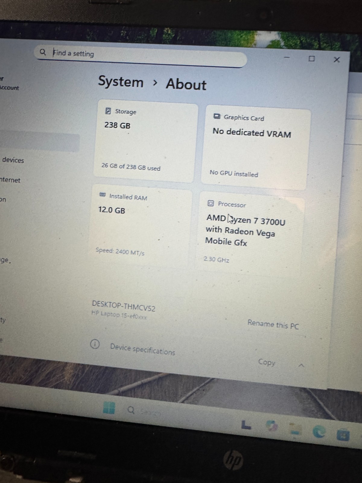 HP 15-EF0875MS AMD Ryzen 7 3700U, 12GB RAM, 256GB SSD, Win11 #5466