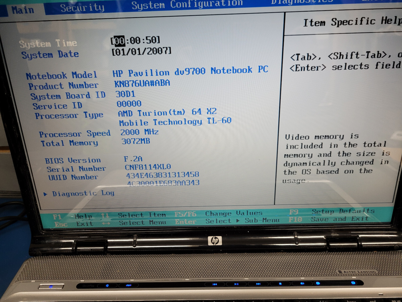 HP DV9812US Laptop AMD TURION 64 X2 @2.00 GHz 3GB RAM NO HDD