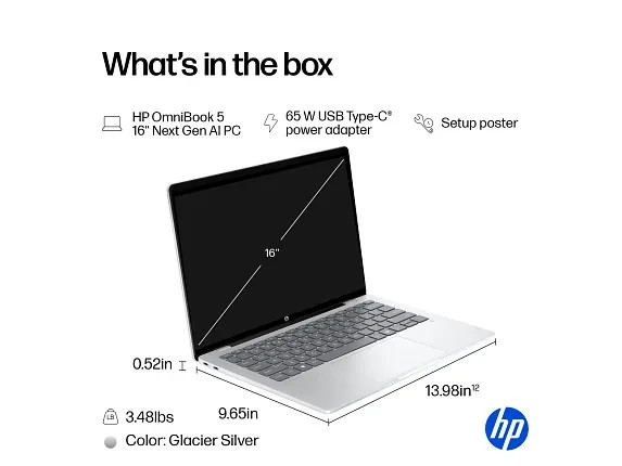 HP OmniBook 5 Laptop Computer 16″ 2K Snapdragon X 16 GB memory,512 GB SSD,NEW 26