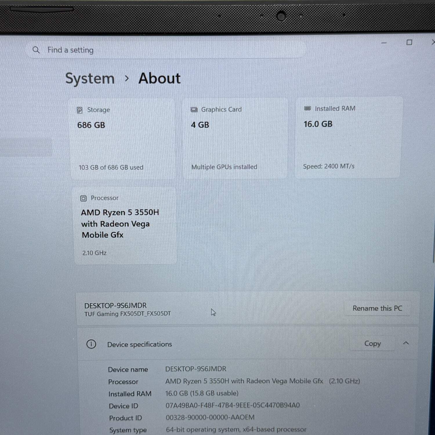 Asus TUF F16 FX505DT 15.6″ Ryzen 5 3550H 2.1GHz 16GB RAM 512GB SSD 256GB SSD GeF