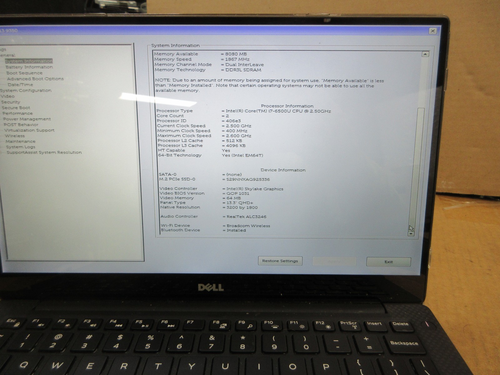 Dell XPS 13 9350 13.3″QHD+ 3200 X 1800 2.5GHz i7-6500U 8GB RAM 256GB SSD No O/S