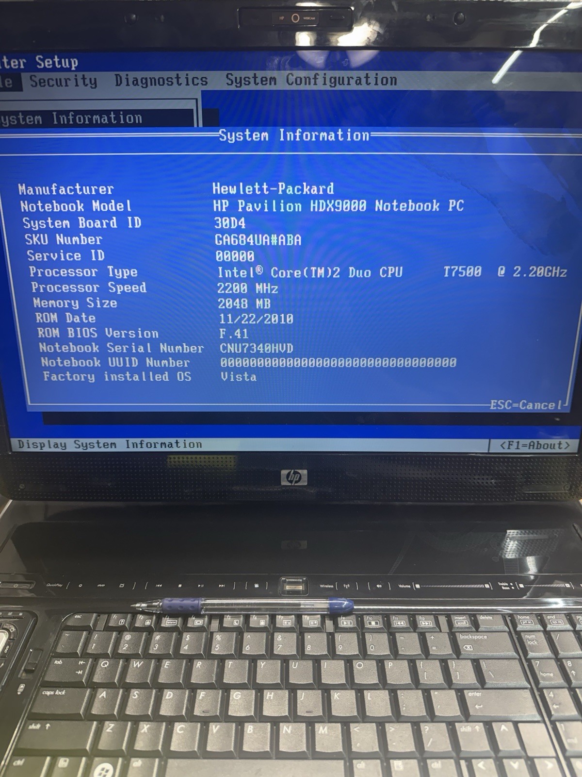 HP pavilion hdx 9000 DRAGON Laptop Win 7 Intel Core2 240 HDD 2 GB Ram RARE