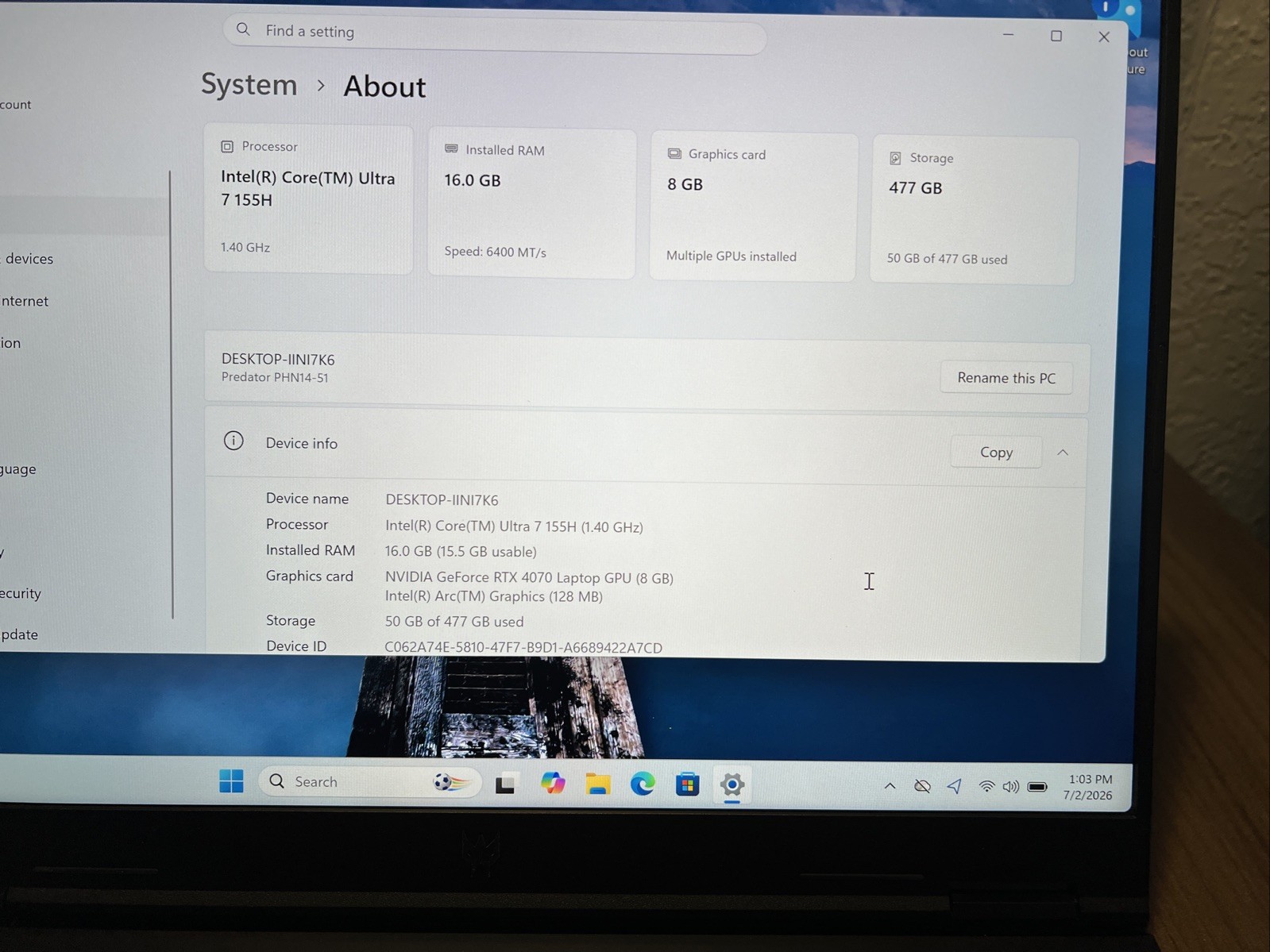 Acer Predator Helios Neo 14 QHD+ Ultra 7 155H 16GB RAM 512GB SSD RTX 4070(8GB)
