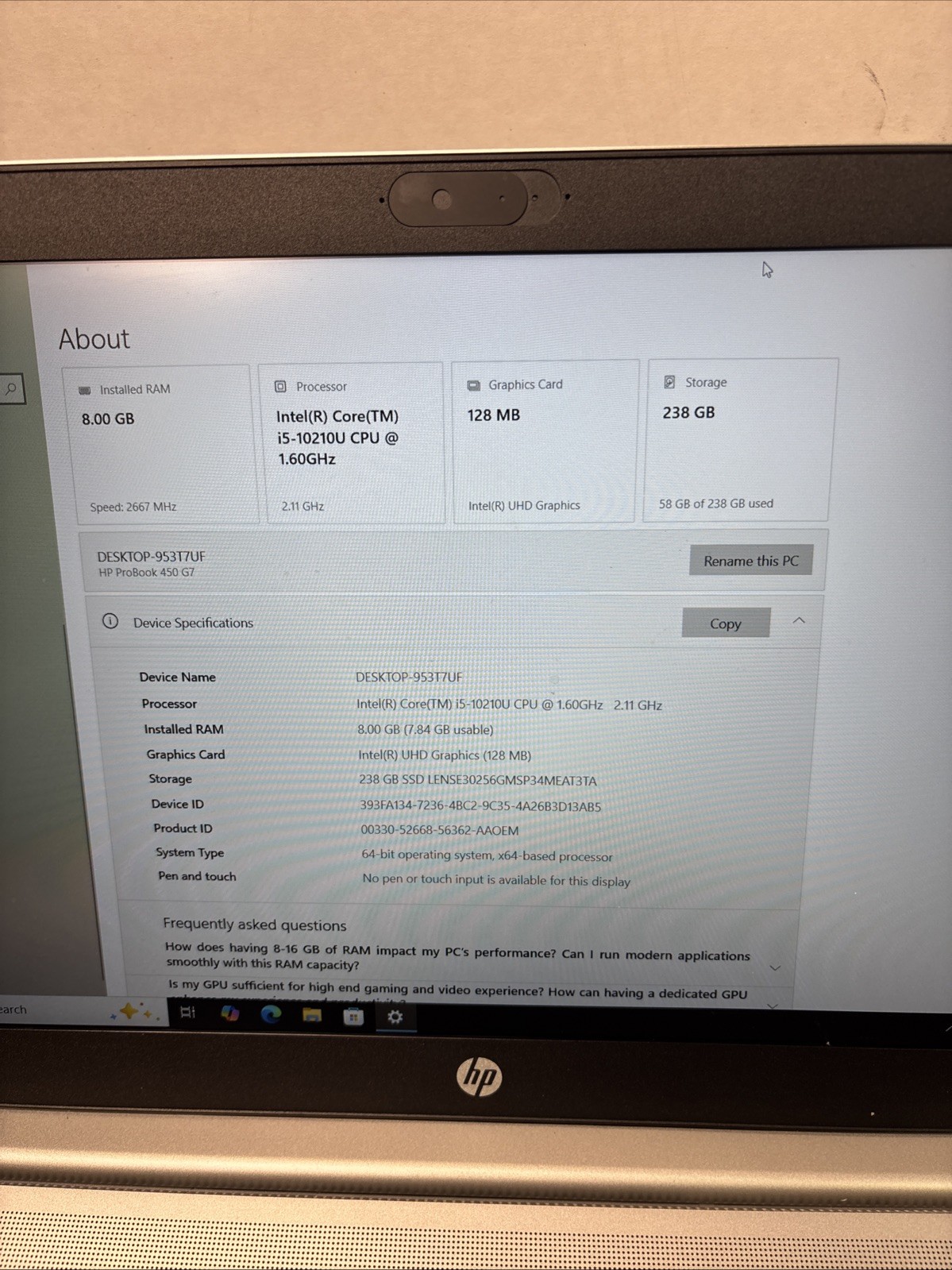 HP ProBook G7 450 15 2019 Silver 1.6 GHz i5-10210U 8GB RAM 256GB SSD – WIN 10 P