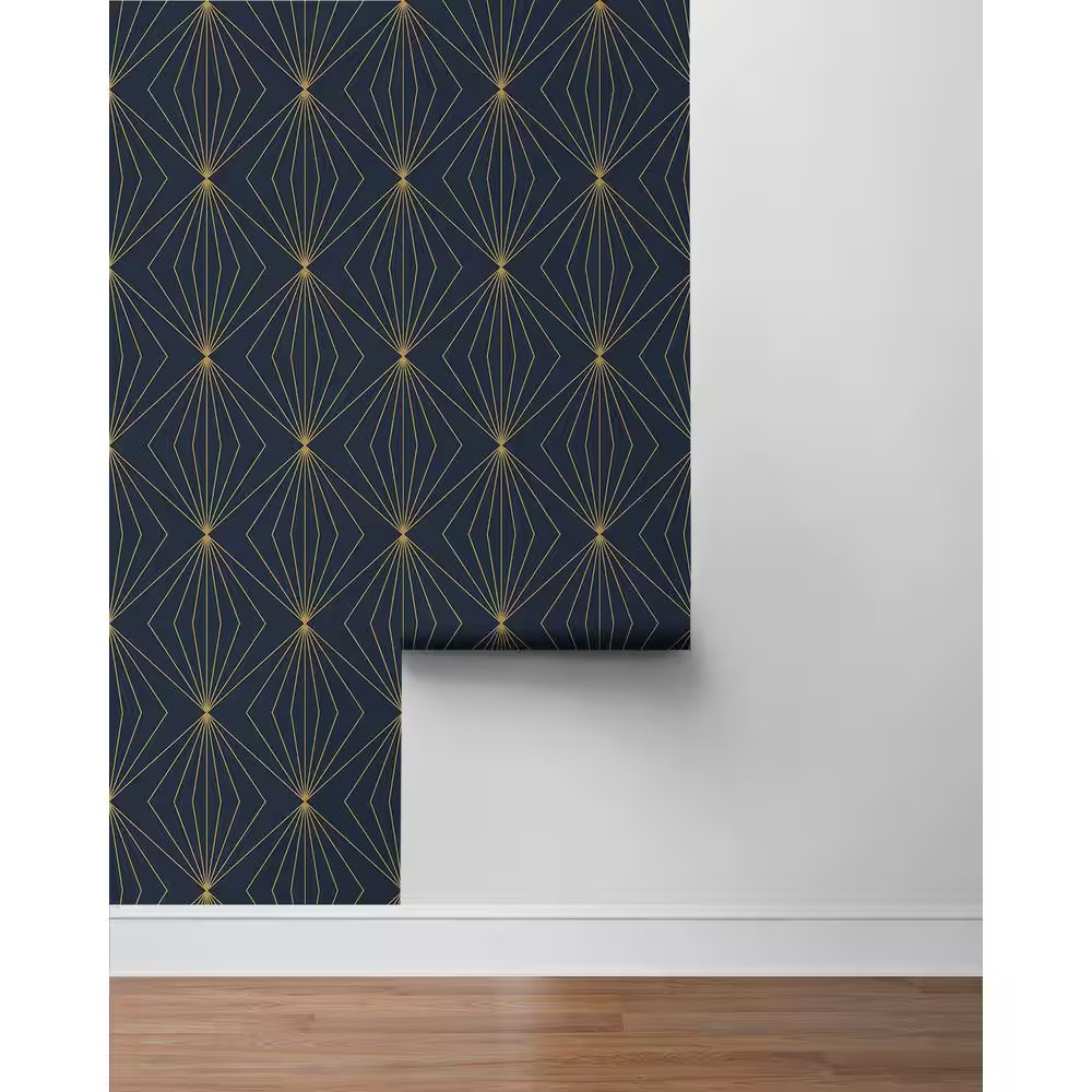 57.5 Sq. Ft. Dark Blue & Metallic Gold Gem Geometric Pre-Pasted Paper Wallpaper